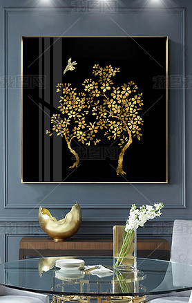 新中式中国风金色树木玄关装饰画无框画