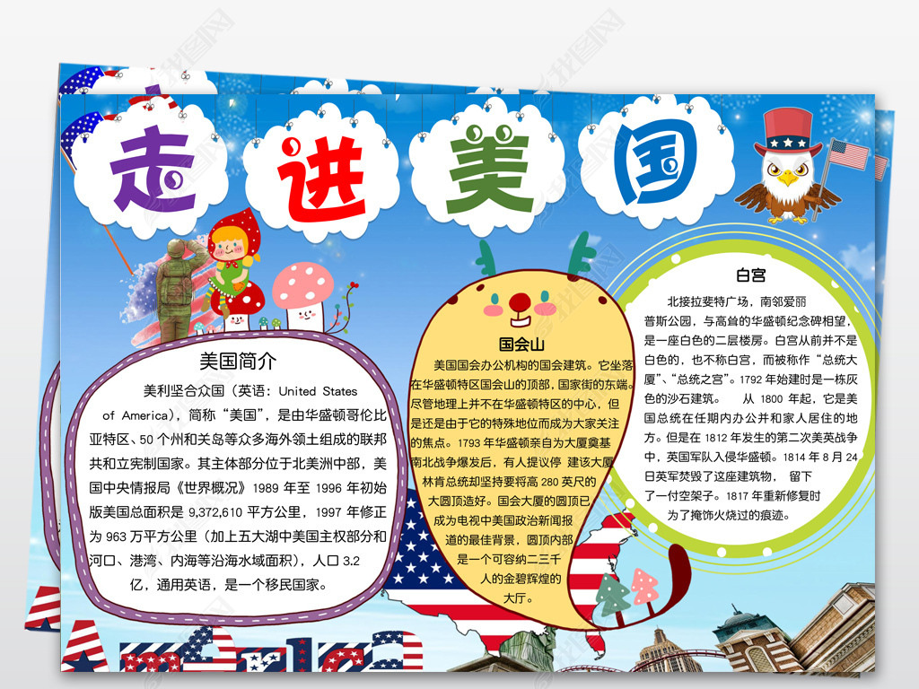 原创美国小报北美洲旅游城市地理手抄报小报素材版权可商用