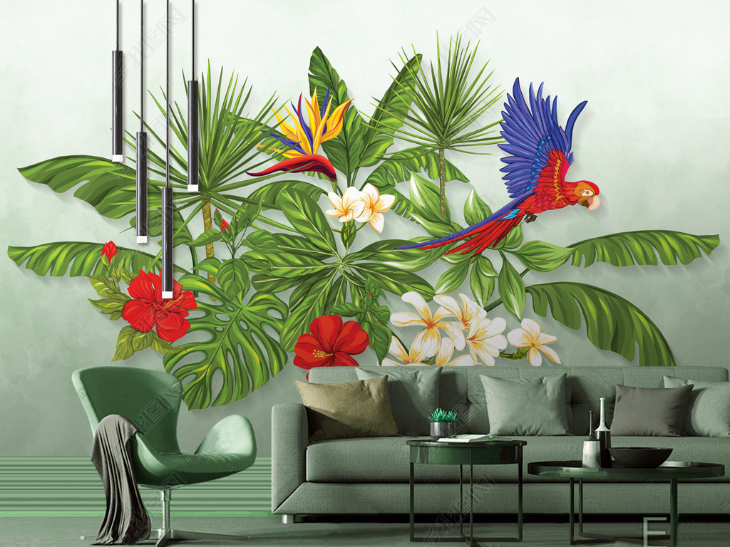 原创北欧手绘小清新热带植物花鸟背景墙壁画