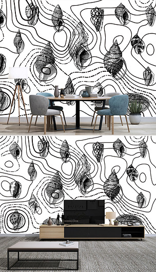 抽象装饰画复古背景墙贝壳沙发背景墙黑白画