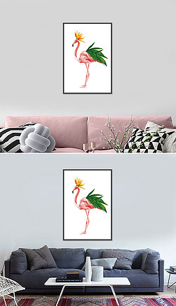 北欧小清新夸张叶子植物画火烈鸟装饰画