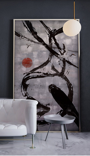 新中式现代抽象水墨线条仙鹤飞舞玄关装饰画