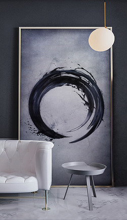 新中式现代抽象水墨环形水花生财玄关装饰画