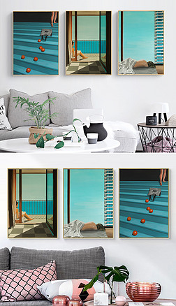 蓝色大海现代色彩样板间写实风景装饰画