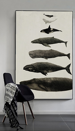 手绘北欧现代简约黑白复古鲸鱼玄关装饰画