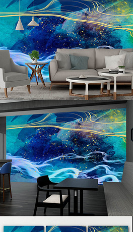 新中式抽象蓝色意境山水泼墨背景墙装饰画