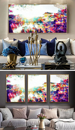 彩色现代高清手绘公园高塔水彩画抽象艺术装饰画背景墙