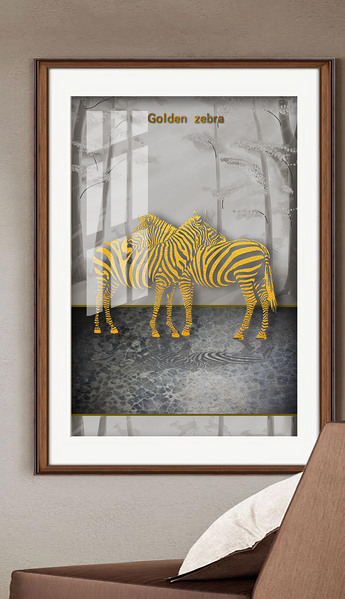 北欧现代艺术动物主题金色斑马玄关装饰画