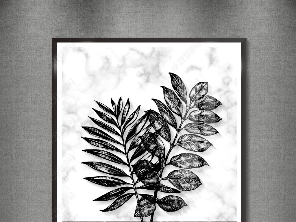 北欧现代简约热带植物叶子黑白晶瓷画装饰画