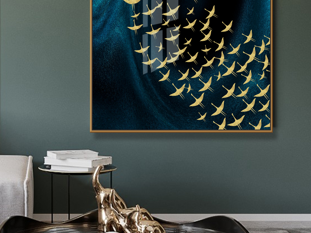 新中式现代抽象金色飞鸟晶瓷画玄关装饰画图片设计素材_高清模板下载