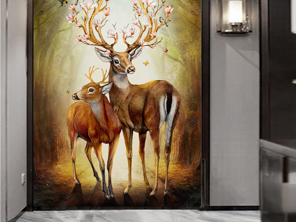 一生相伴家庭鹿森林鹿油画玄关背景墙