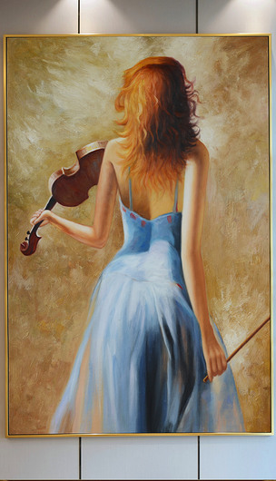 纯手绘小提琴背影女士油画玄关