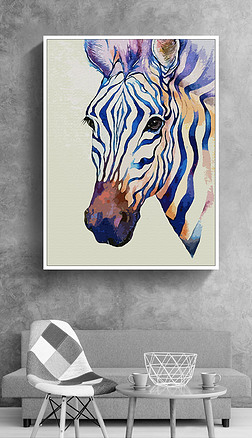 马头头像装饰画|斑斓蓝色斑马头像北欧复古美式家居装饰画
