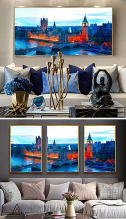 彩色现代高清手绘城市夜景水彩画艺术装饰画背景墙