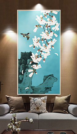 新中式手绘工笔花鸟白玉兰花玄关装饰画