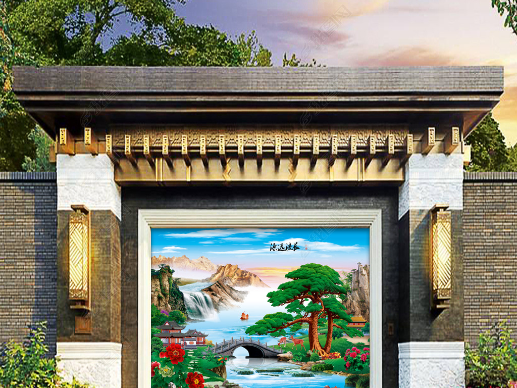 原创源远流长富水迎客高清壁画壁纸中堂画影壁墙