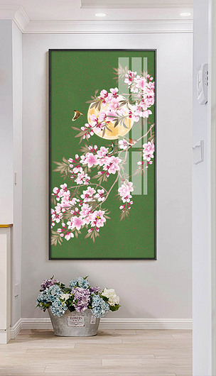 桃花手绘工笔花鸟新中式玄关背景墙装饰画