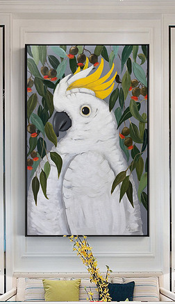 树林里白色鹦鹉鸟类动物油画装饰画无框画