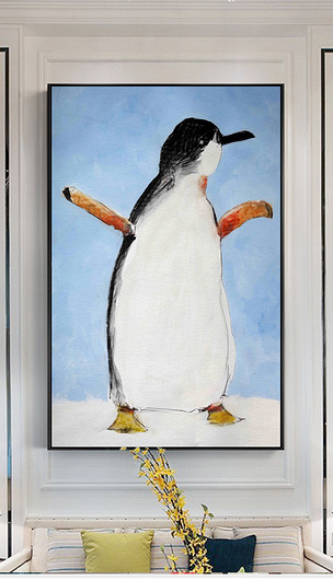 ins北欧简约手企鹅油画新中式装饰画无框画