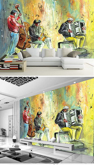原创唯美抽象手绘乐队音乐背景墙版权可商用