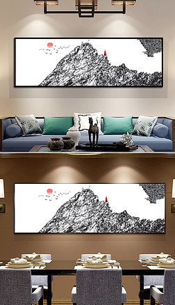 新中式意境山峰禅意山水画黑白装饰画抽象画