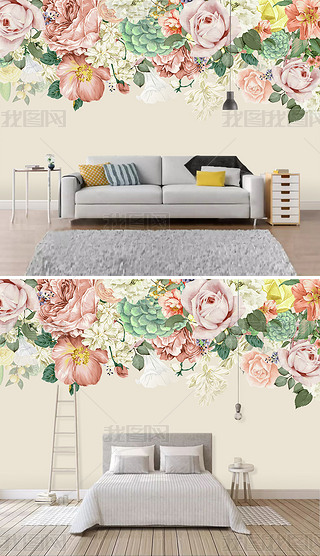 现代简约田园风格手绘花电视背景墙浪漫墙纸