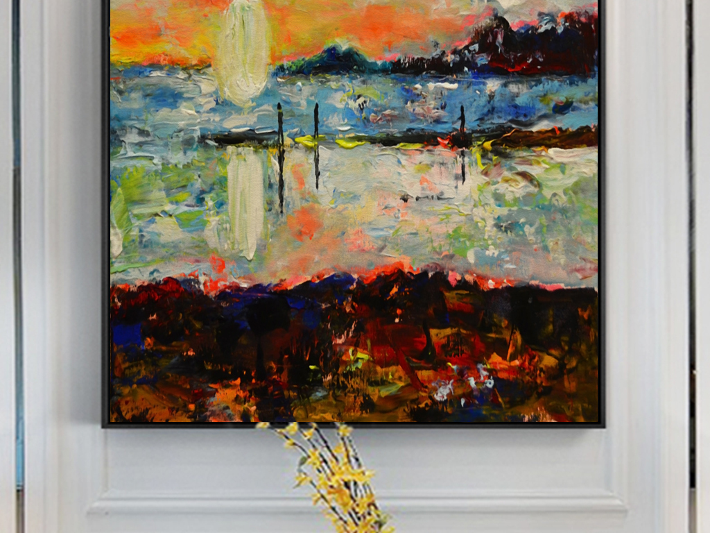 北欧现代手绘大海日落风景油画抽象装饰画