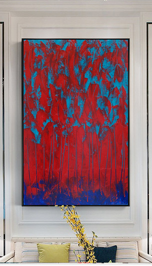 北欧手绘红色树林飞鸟风景抽象艺术装饰画无框画