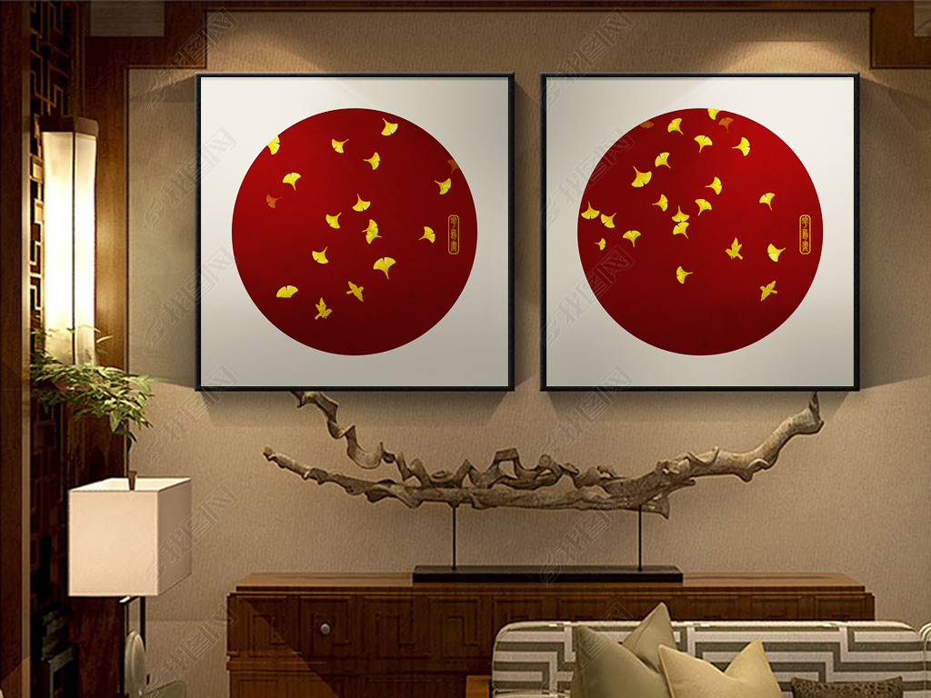 新中式中国红银杏吉祥客厅沙发玄关装饰画