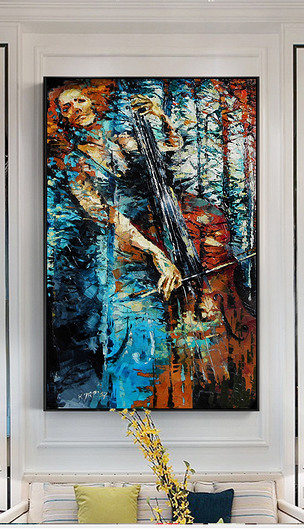 欧美创意手绘美女拉大提琴风景抽象油画现代艺术装饰画