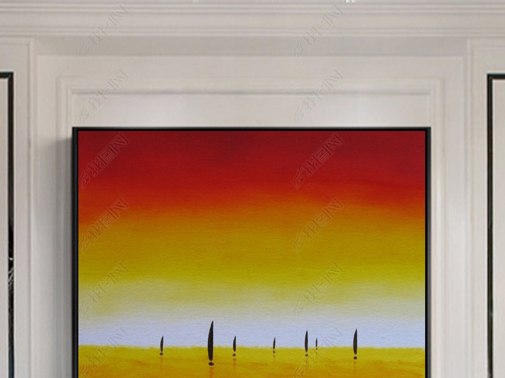 原创美式手绘红霞晚霞大海风景抽象油画现代艺术装饰画