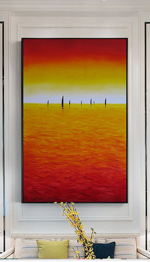 原创美式手绘红霞晚霞大海风景抽象油画现代艺术装饰画版权可商用