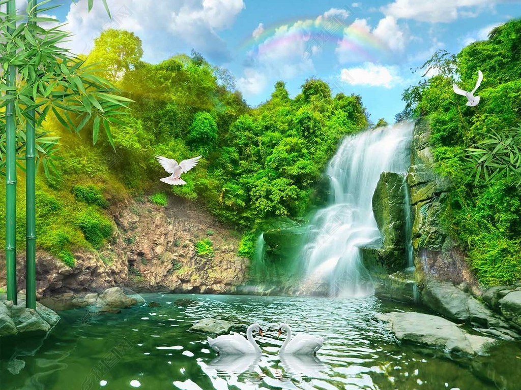 极美山水瀑布流水生财风景画装饰画背景墙