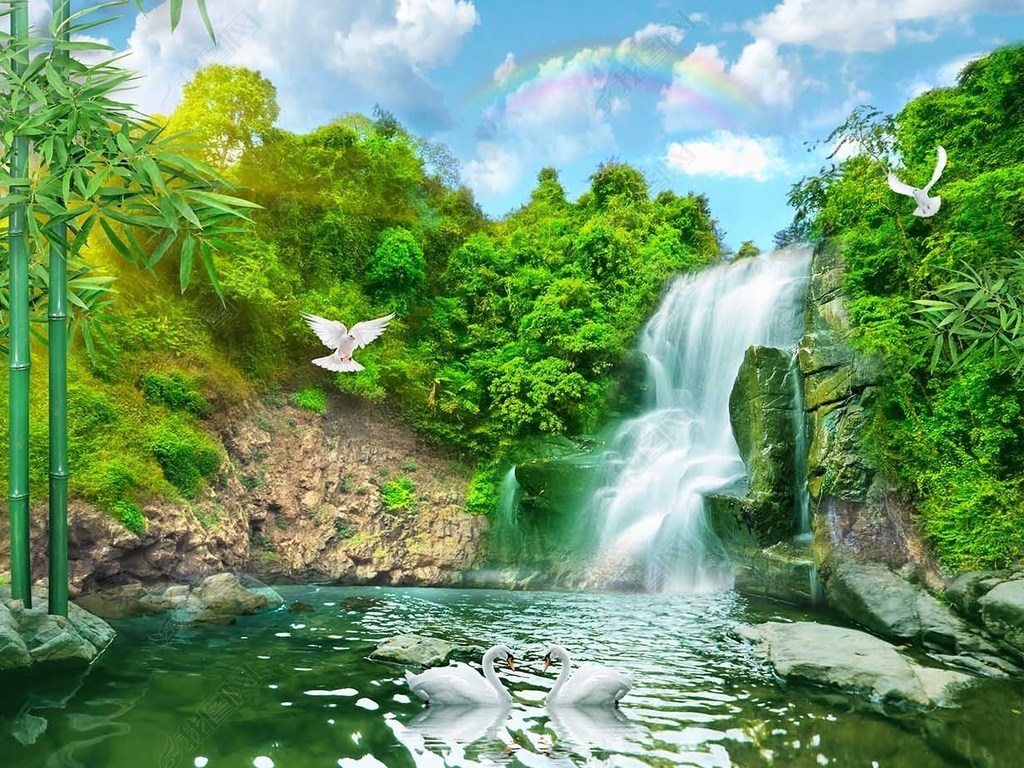 极美山水瀑布流水生财风景画装饰画背景墙