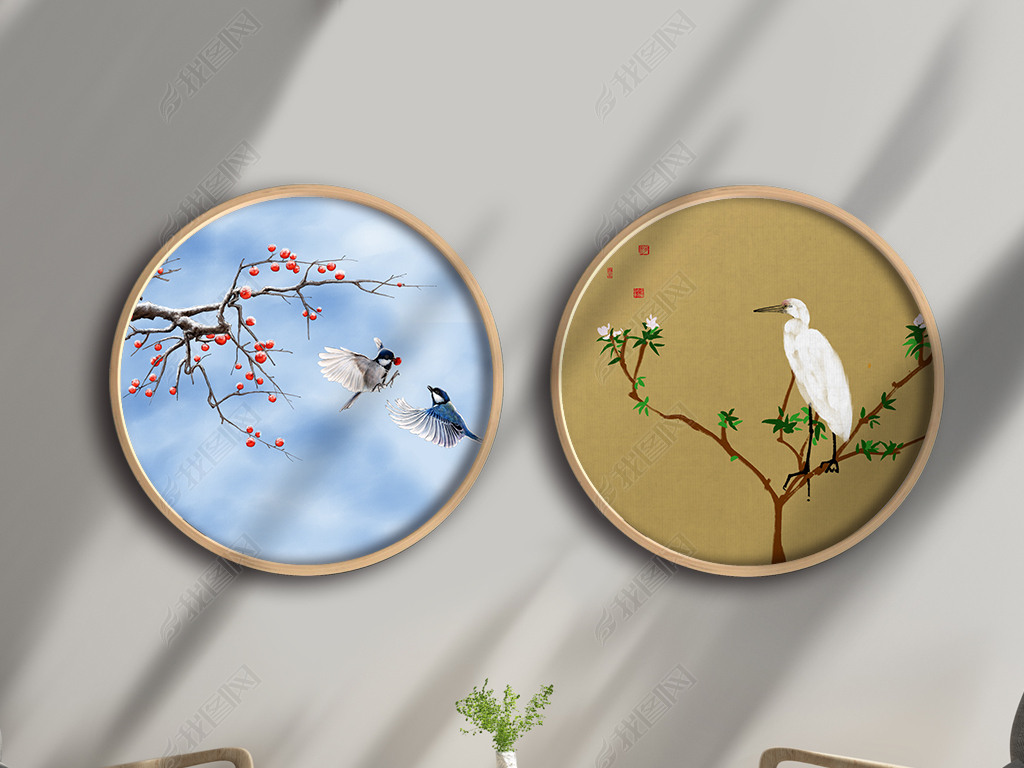 原创新中式现代简约家装花鸟装饰画二联圆形白鹭飞鸟梅花挂画