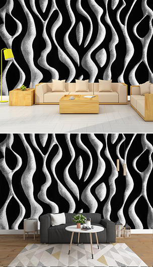 现代简约黑白抽象线条3d立体背景墙壁画