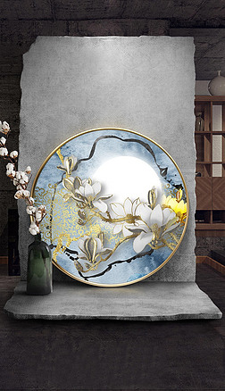 新中式浮雕工笔兰花线条抽象圆形装饰画