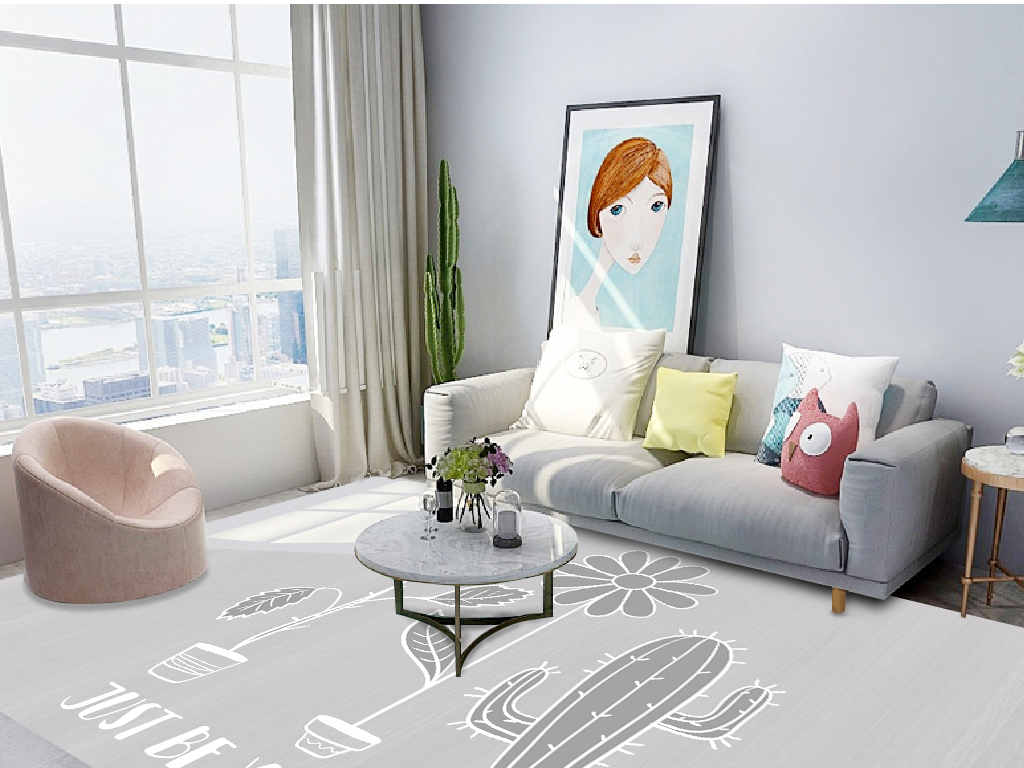 北欧时尚简约小清新仙人掌植物英文灰色地毯