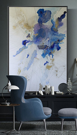 北欧简约时尚蓝色水彩水花水晶抽象后现代艺术装饰画