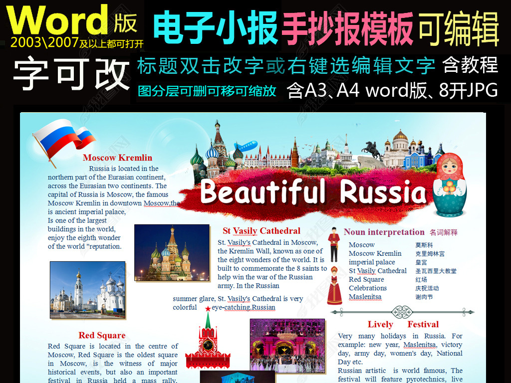 word模版国家英语电子小报俄罗斯中英文