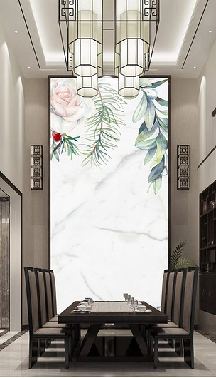 简欧手绘花大理石纹爵士白纹电视背景墙