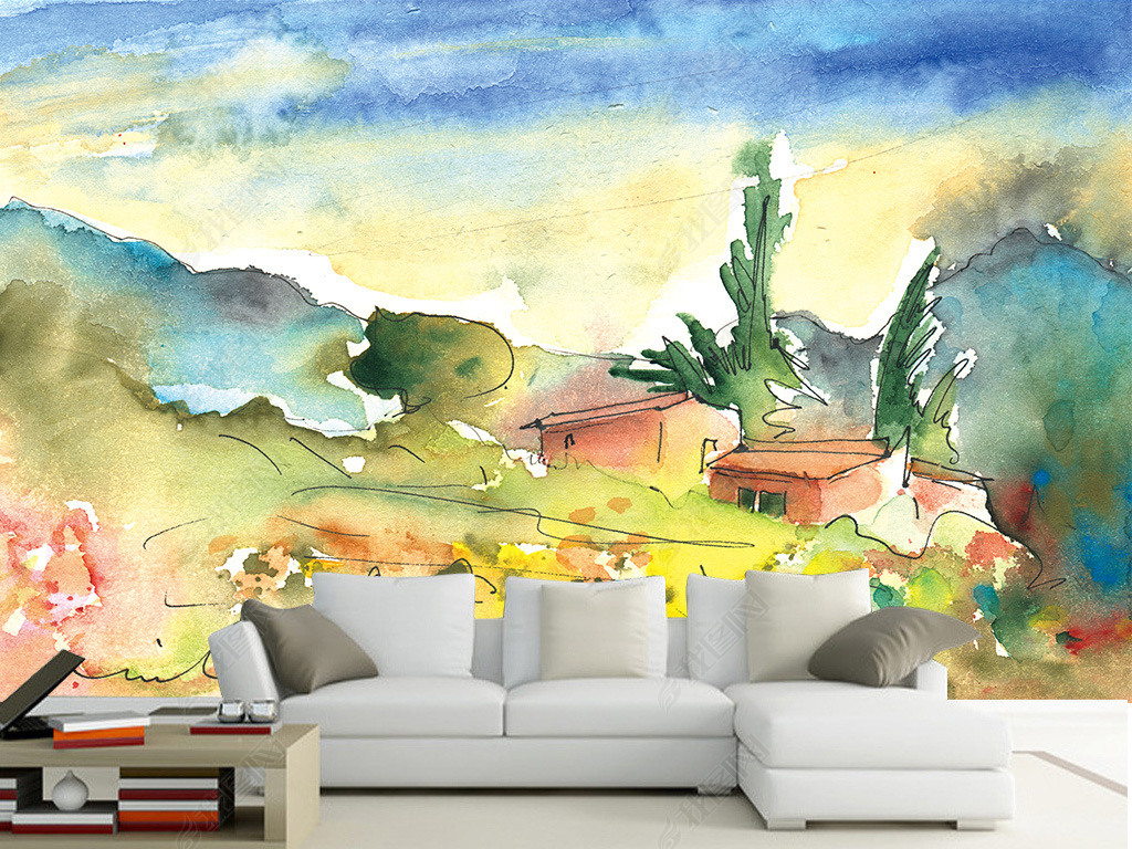 现代简约抽象唯美风景画手绘水彩画背景墙