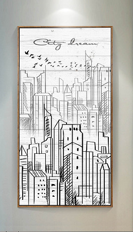 现代抽象城市线描速写玄关背景装饰画