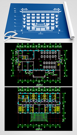 仿古养老院建筑结构电施水施cad图纸
