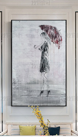 欧式复古手绘雨中美女雨伞抽象油画现代艺术家居装饰画