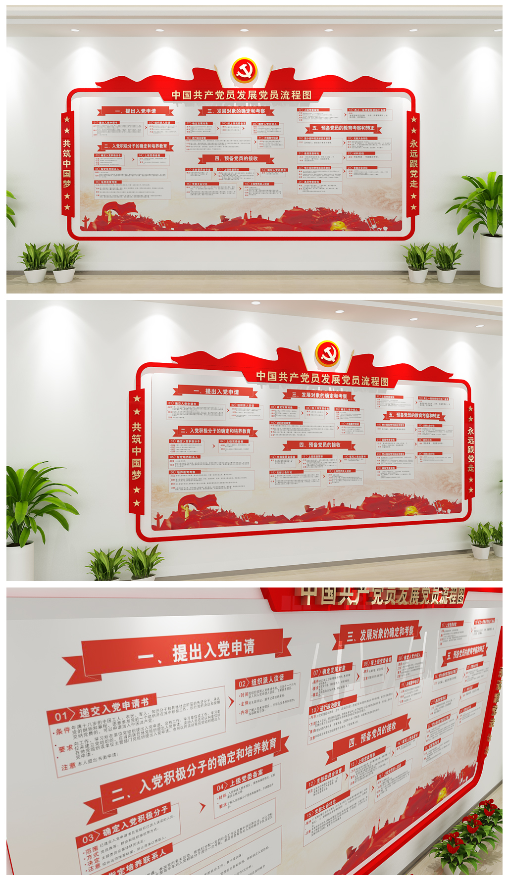 红色党员活动室党建文化墙党员发展流程图