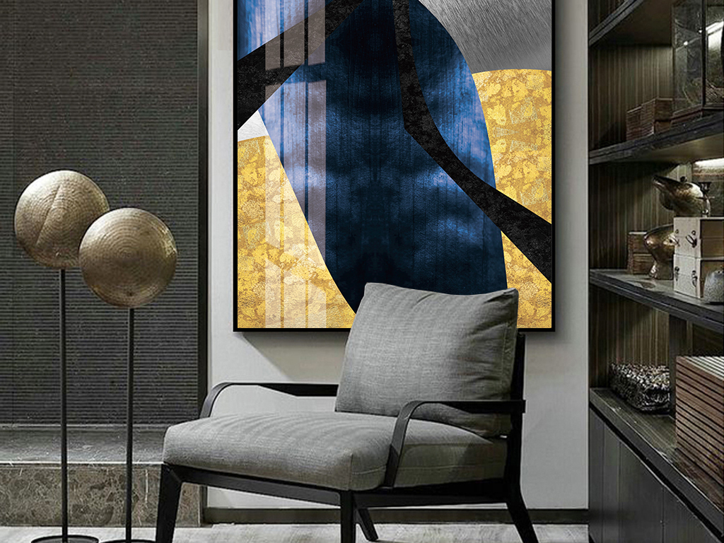 现代简约北欧风格金色蓝色抽象几何玄关装饰画