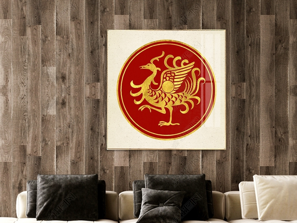 新中式四方神兽之朱雀鎏金晶瓷画圆形装饰画