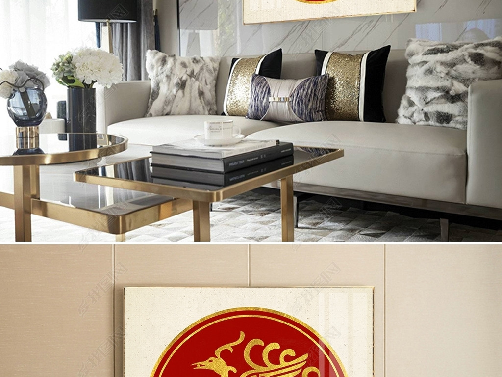 新中式四方神兽之朱雀鎏金晶瓷画圆形装饰画