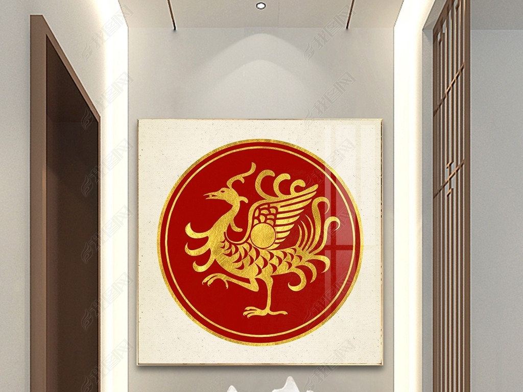 新中式四方神兽之朱雀鎏金晶瓷画圆形装饰画
